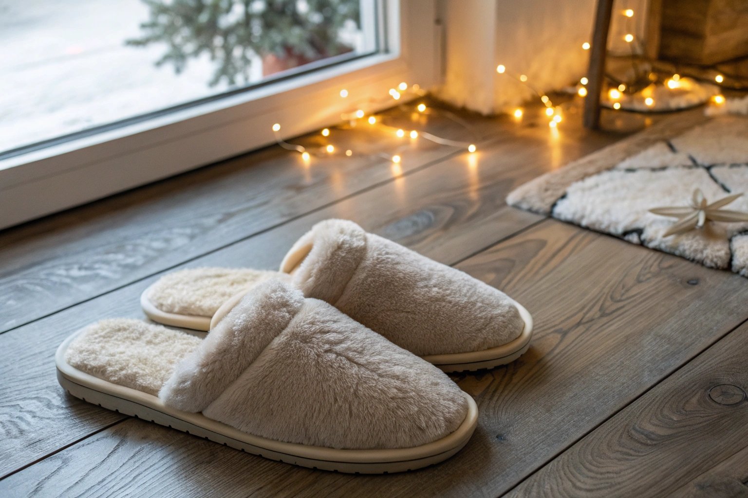 Fleece slippers with a plush texture placed on a wooden floor, highlighting the softness and warmth of fleece as a comfortable winter slipper material.