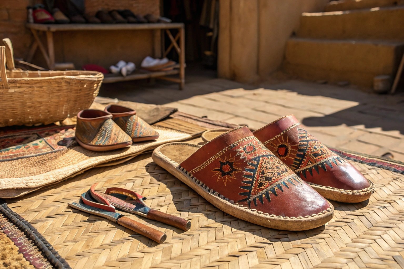 Artisan-made Algerian slippers with hand-stitched details and Berber patterns resting on a mat, capturing local craftsmanship and cultural design.