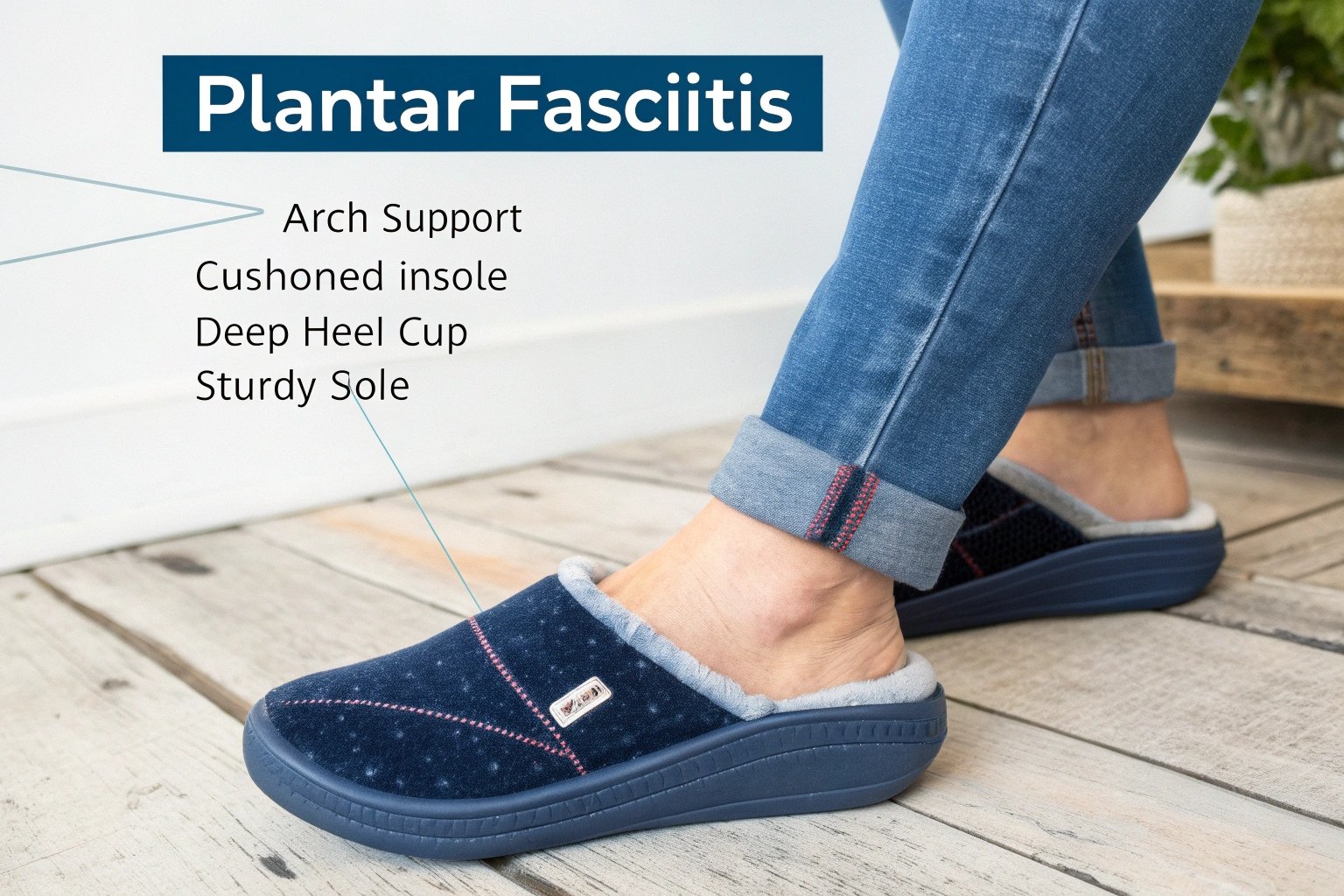 Infographic illustrating key features of plantar fasciitis slippers, including arch support, heel cup, cushioning, and a firm sole.