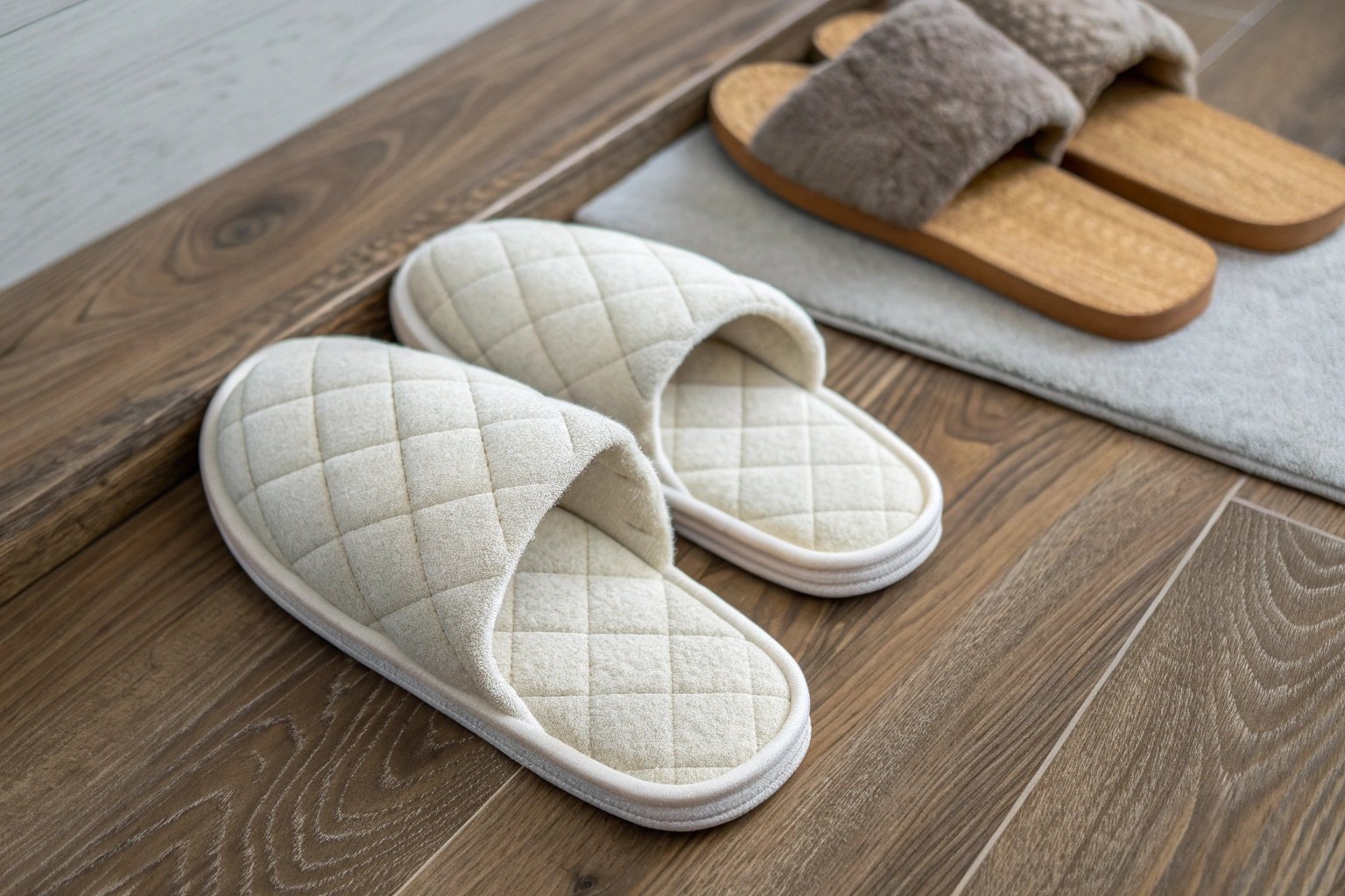 Close-up of cotton slipper fabric paired with EVA non-slip sole materials, designed to protect wooden flooring surfaces.