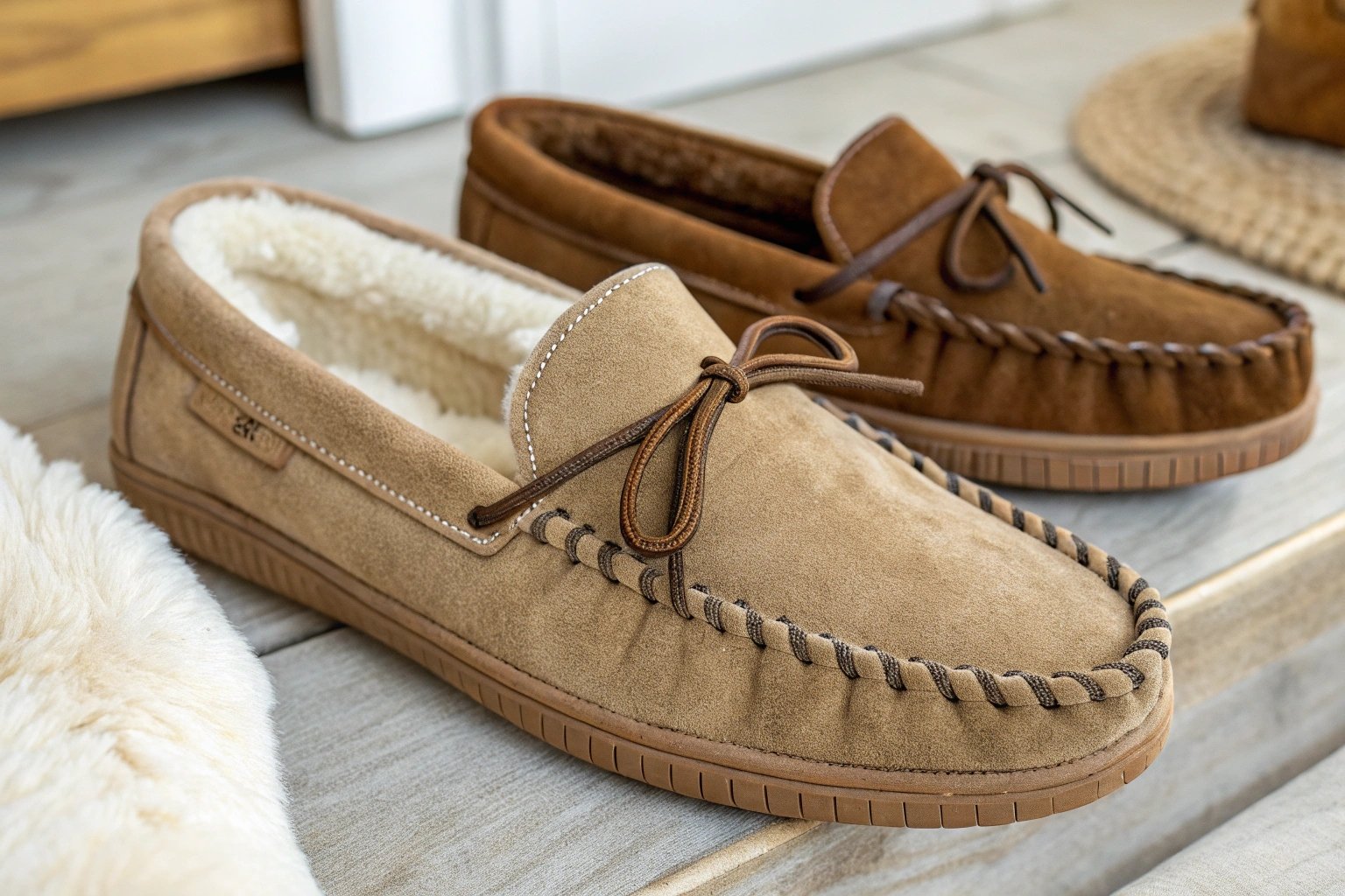 Moccasin-style slippers with arch support and sturdy soles, ideal for indoor walking.