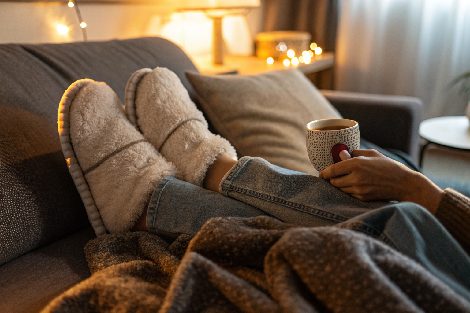 Someone relaxing at home with cozy slippers, a blanket, and a warm drink.