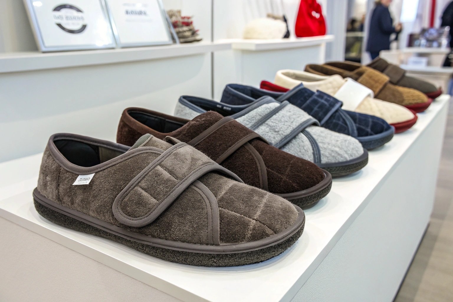 Custom-designed elderly slippers showing ergonomic features like memory foam, Velcro closures, and reinforced soles for added comfort and safety.