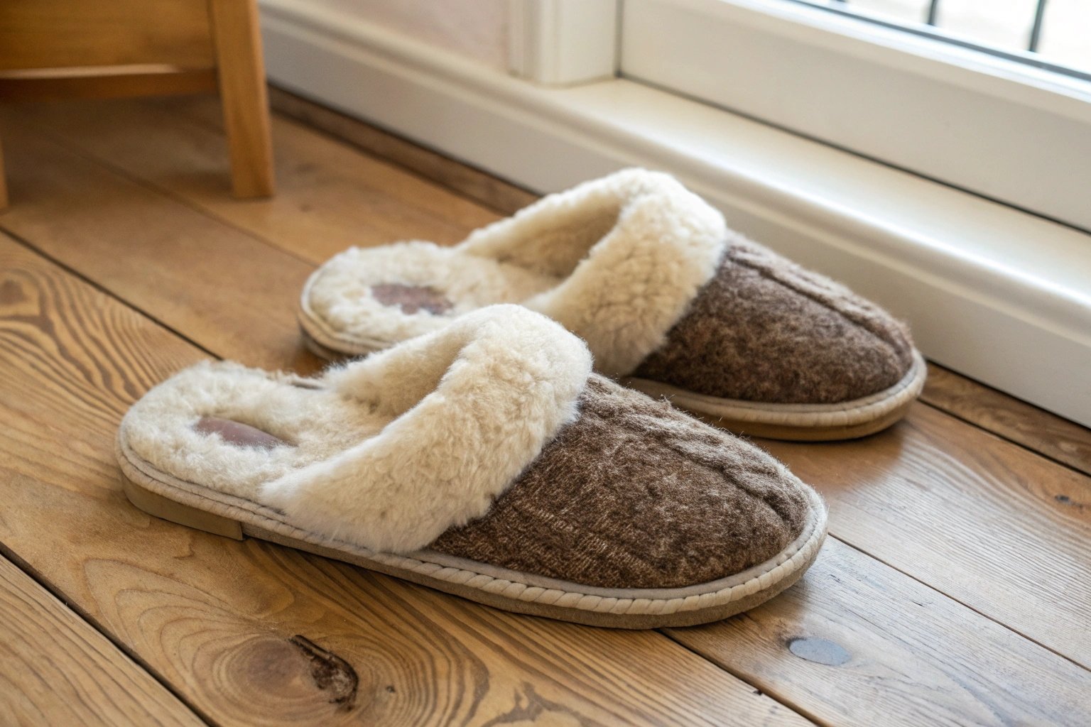 Slippers made from wool and shearling on a wooden floor, highlighting the texture and warmth of these natural materials in a cozy indoor winter setting.