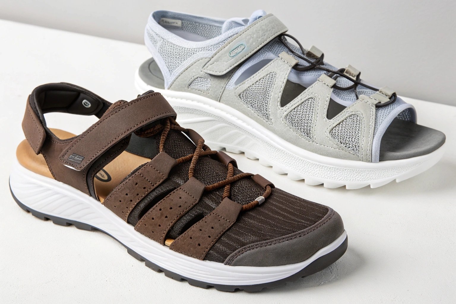A variety of supportive footwear alternatives to slippers, including sandals, inserts, and sneakers.