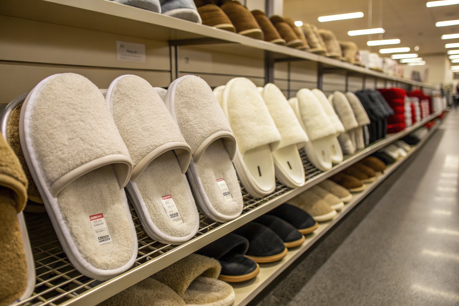 A shelf full of similar-looking slippers, showing the challenge of standing out in the market.