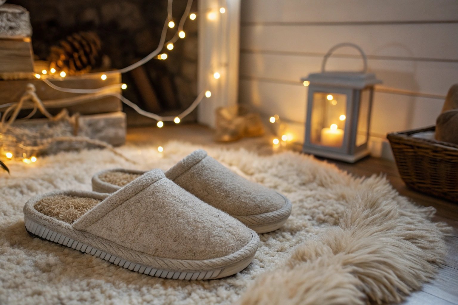 A pair of wool slippers with soft, natural textures placed on a fluffy rug, showcasing the warmth and comfort of wool as an insulating material in winter.