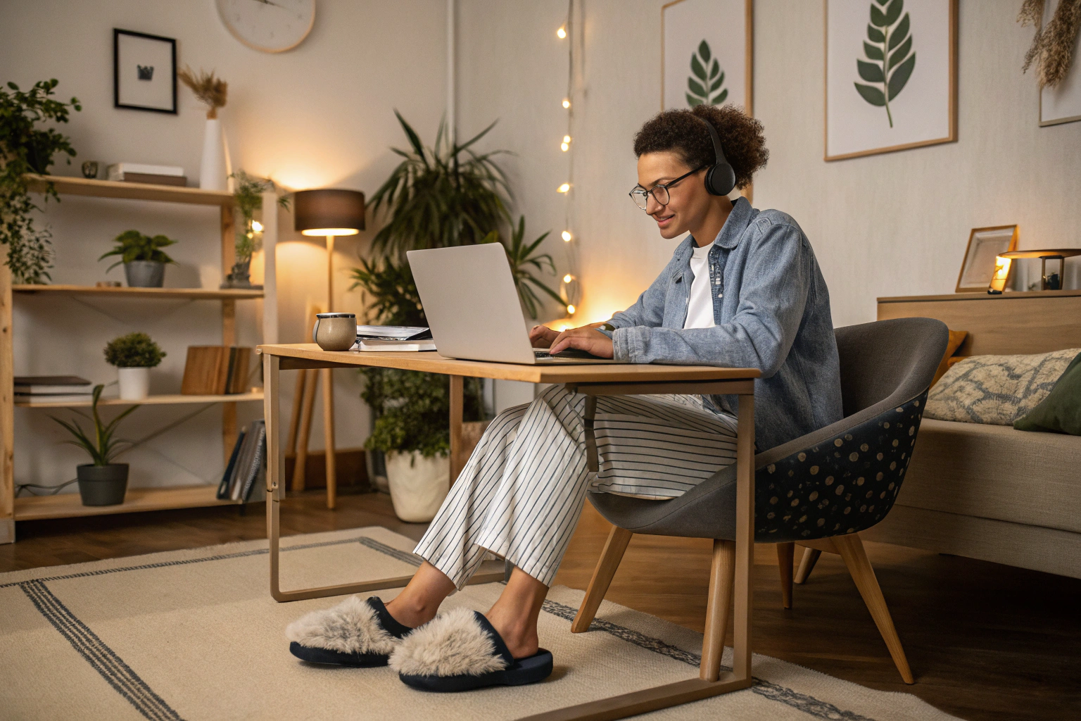A young professional working from home while wearing stylish and comfortable slippers.